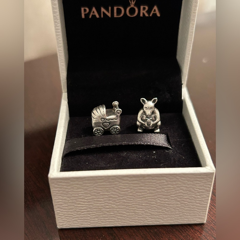 2 Pandora Sterling Silver Baby Themed Charms- Pram & Kangaroo